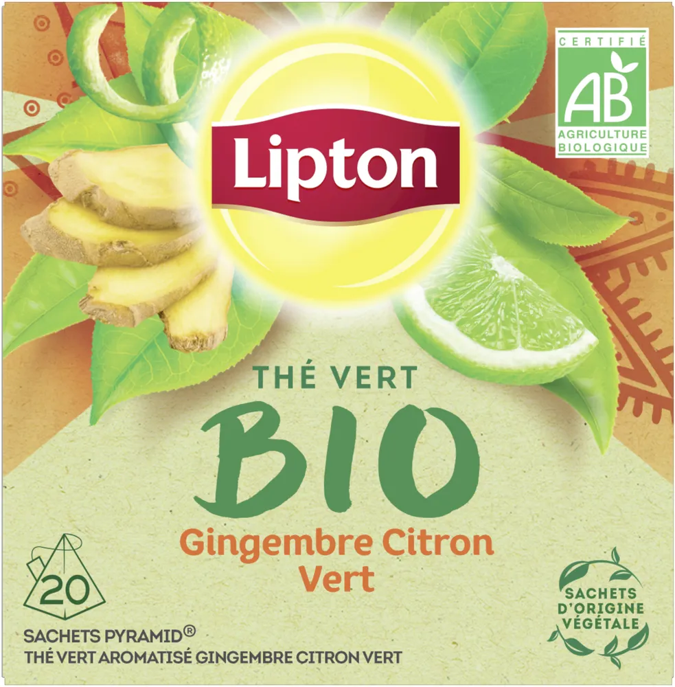 Lipton Thé Vert Bio Gingembre Citron-Vert Bio 20 Sachets Pyramid®