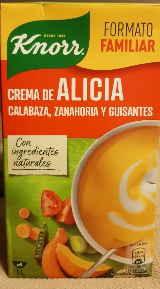 Crema de Alicia con calabaza, zanahorias y guisantes