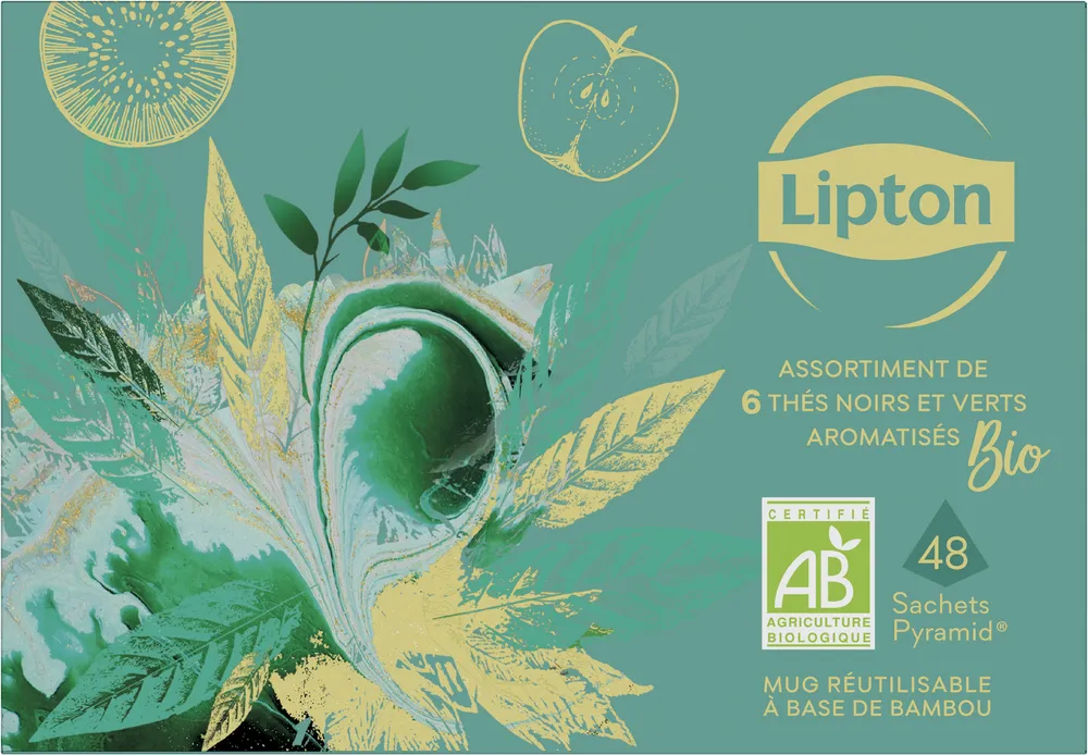 Lipton Assortiment Bio avec Mug Réutilisable en Bambou 6 Thés Noirs & Verts Aromatisés 48 Sachets Pyramid®