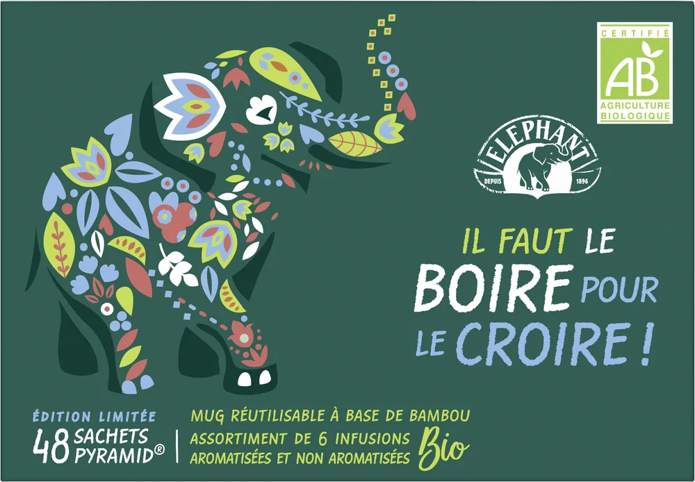 Elephant Coffret Infusion Bio de 6 Tisanes Aromatisées avec Mug 48 Sachets Pyramid