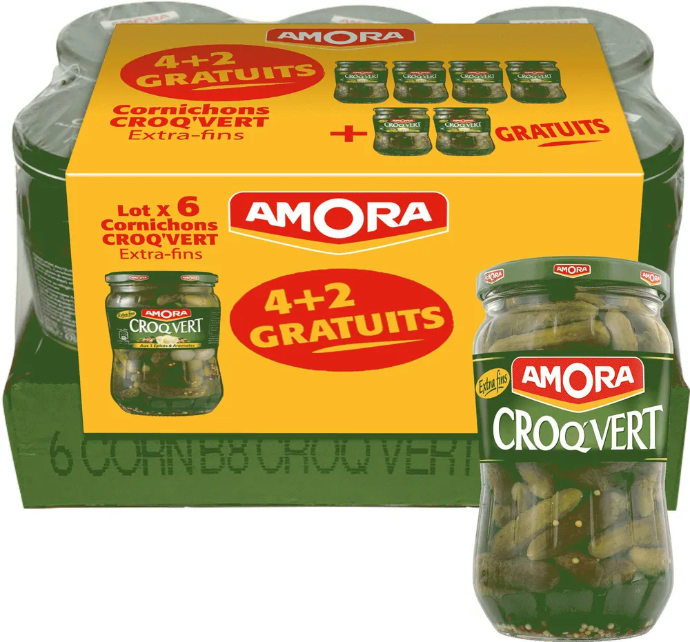 Amora Cornichons Croq'Vert Extra-Fins 380g lot 4+2 gratuits