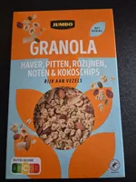 Granola haver, pitten, rozijnen, noten & kokoschips met honing
