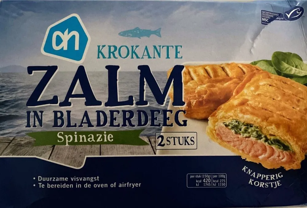 Krokante zalm in bladerdeeg spinazie