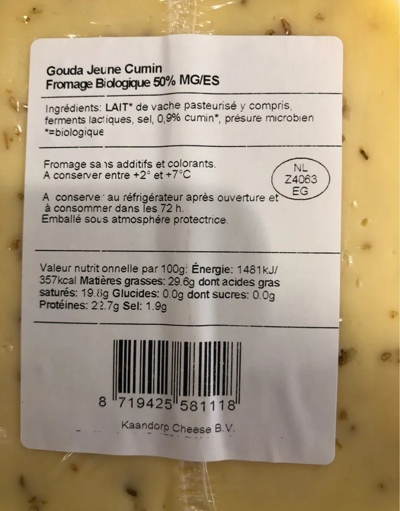 Gouda jeune cumin biologique
