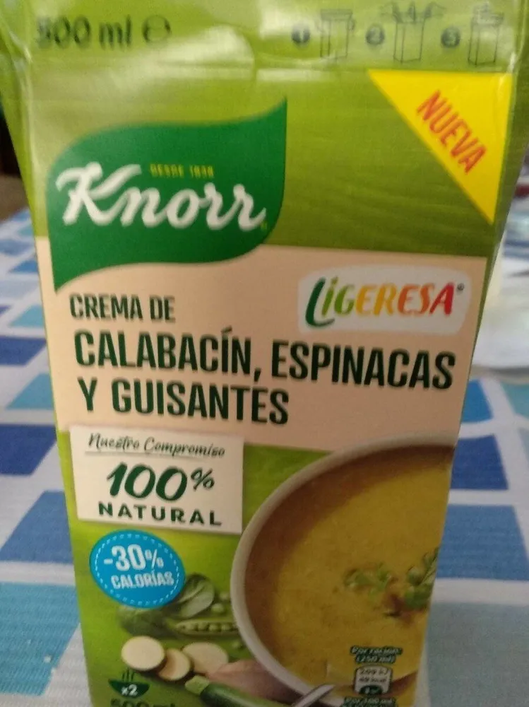 Crema de calabacín, espinacas y guisantes