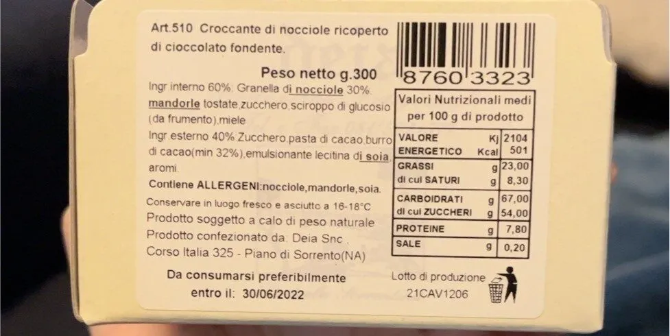 croccante di nocciole ricoperto di ciocccolato fondente
