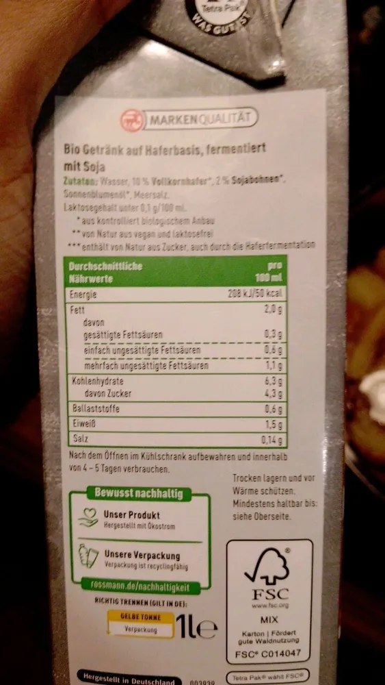 Bio Getränk auf Haferbasis, fermentiert mit Soja