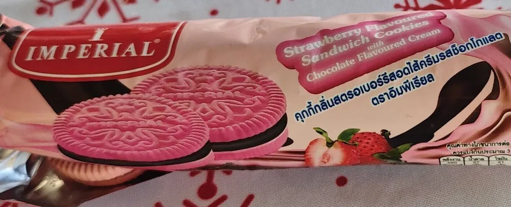 Strawberry flavoured sandwich cookies