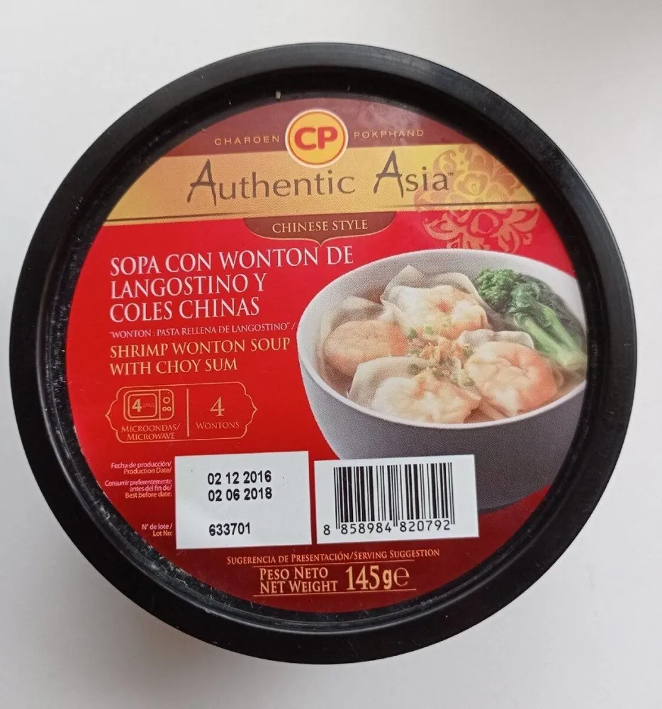Sopa con Wonton de langostinos y coles chinas