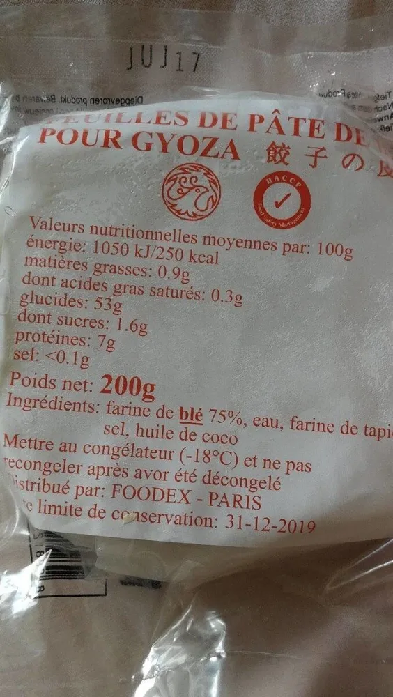 Feuille de pâte de blé pour Gyoza