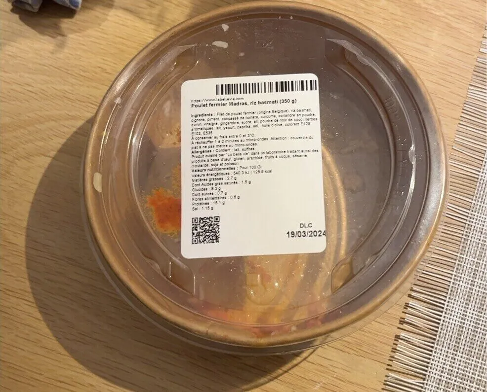 Poulet fermier madras, riz basmati