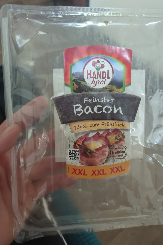 ALDI HANDL TYROL Feinster SCHWEIN Bacon XXL Ideal zum Frühstück Aus der Kühlung 2.29€ 150-g-Packung 1kg 15.27€