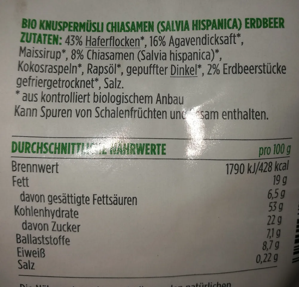 Bio Knuspermüsli Chiasamen (Salvia Hispanica) Erdbeer