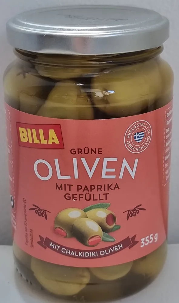 Grüne Oliven mit Paprika gefüllt
