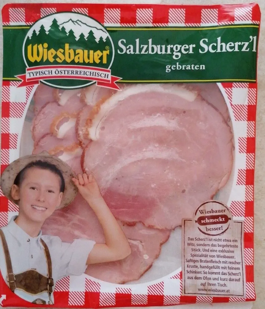 Salzburger Scherz'l gebraten (Schweinebauchfleisch mit Schinken gefüllt)