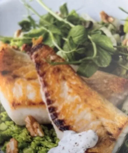 Seared, market, fish, and Leondale sour cream with crushed piece and broccoli