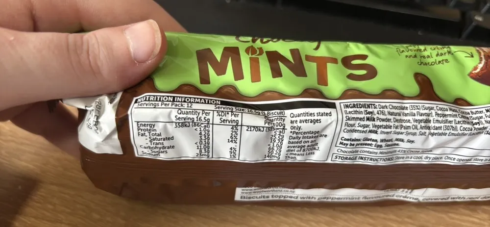Biscuits topped with peppermint flavoured creme covered with mint chocolate