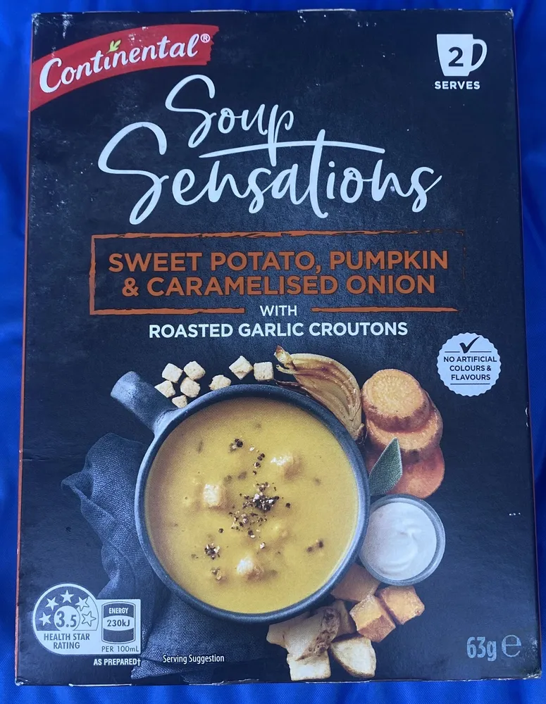 SWEET POTATO, PUMPKIN & CARAMELISED ONION with ROASTED GARLIC CROUTONS