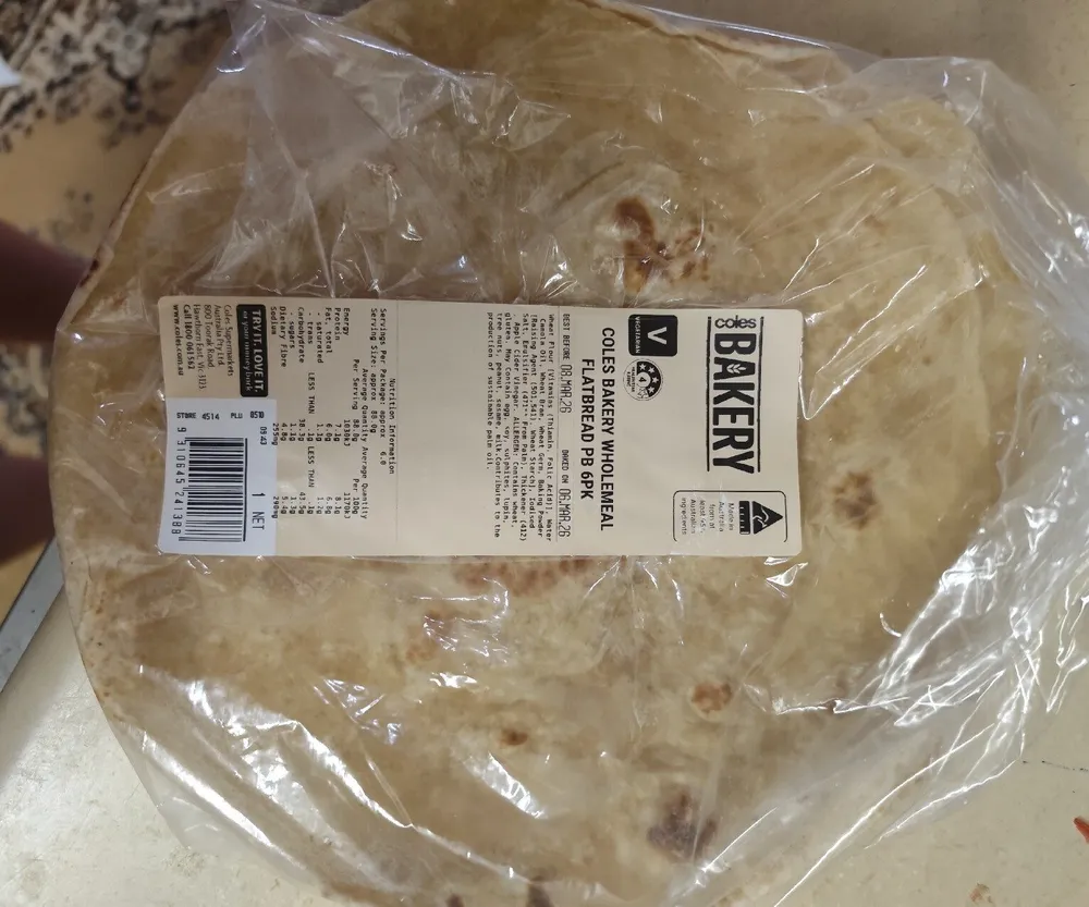 COLES BAKERY WHOLEMEAL FLATBREAD PB 6PK