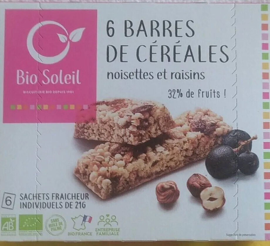 6 Barres de Céréales noisettes et raisins