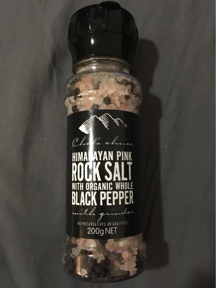 Rock salt with organic whole black pepper