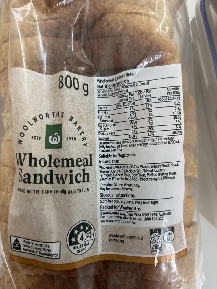 Woolworths Bakery Wholemeal Samdwich