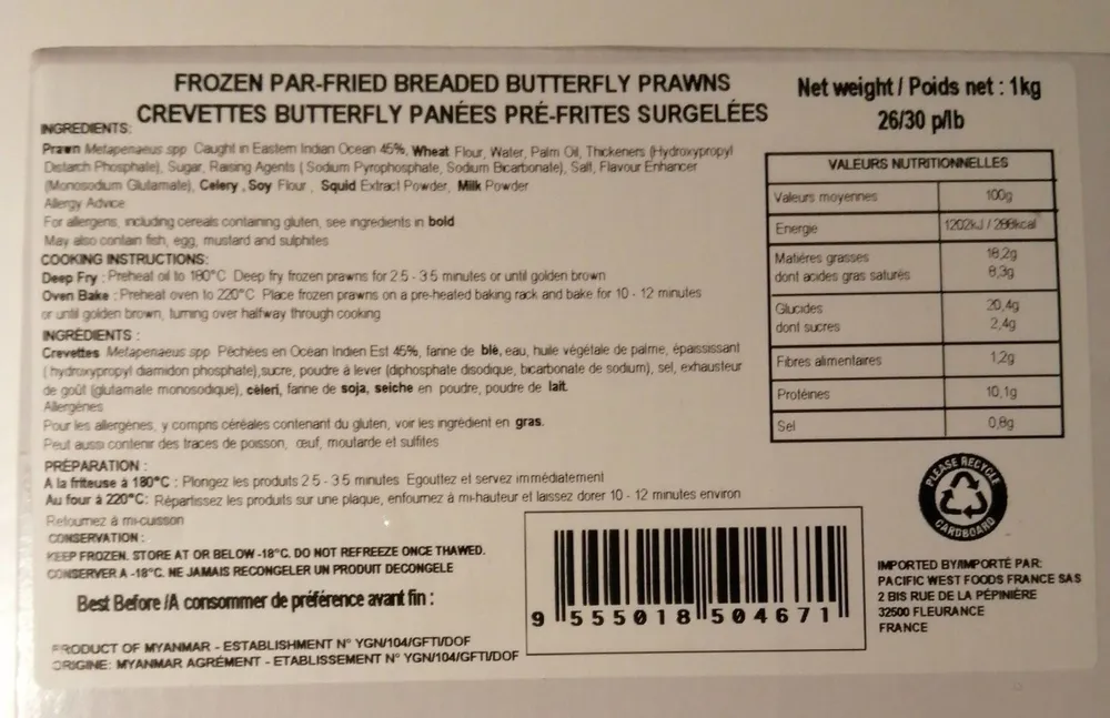 Crevettes butterfly panées pré-frites surgelées