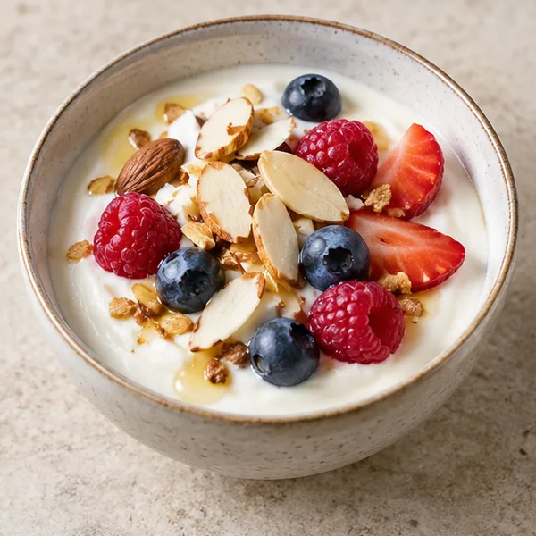 Illustration of yoghurt topped with almonds and berries