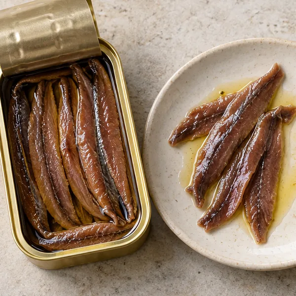 Illustration of anchovy fillets in an open tin of olive oil