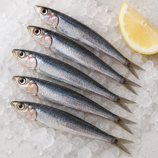 Illustration of fresh whole anchovies on ice