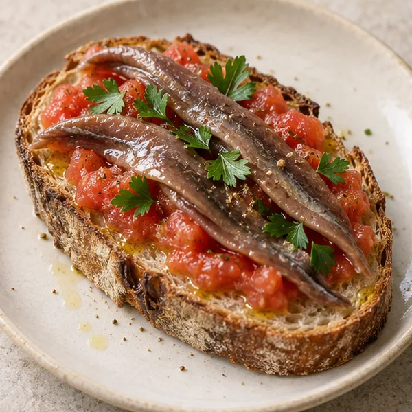 Illustration of tomato toast topped with anchovy fillets