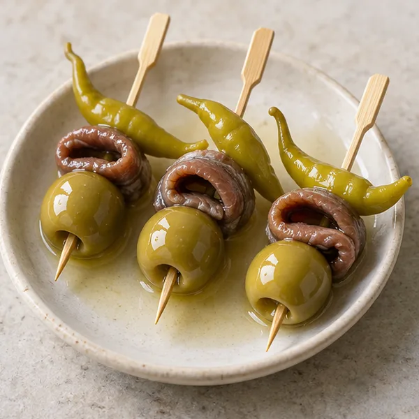 Illustration of anchovy, olive and green pepper skewers