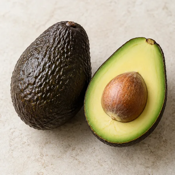 Illustration of a whole avocado and a half with its stone