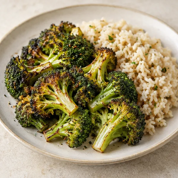 Illustration of roasted broccoli served with rice