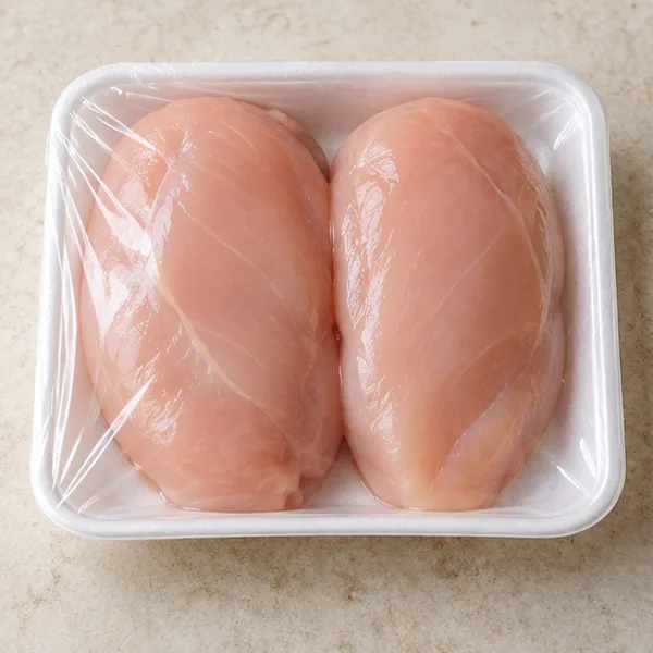 Illustration of raw chicken breast in an unbranded tray