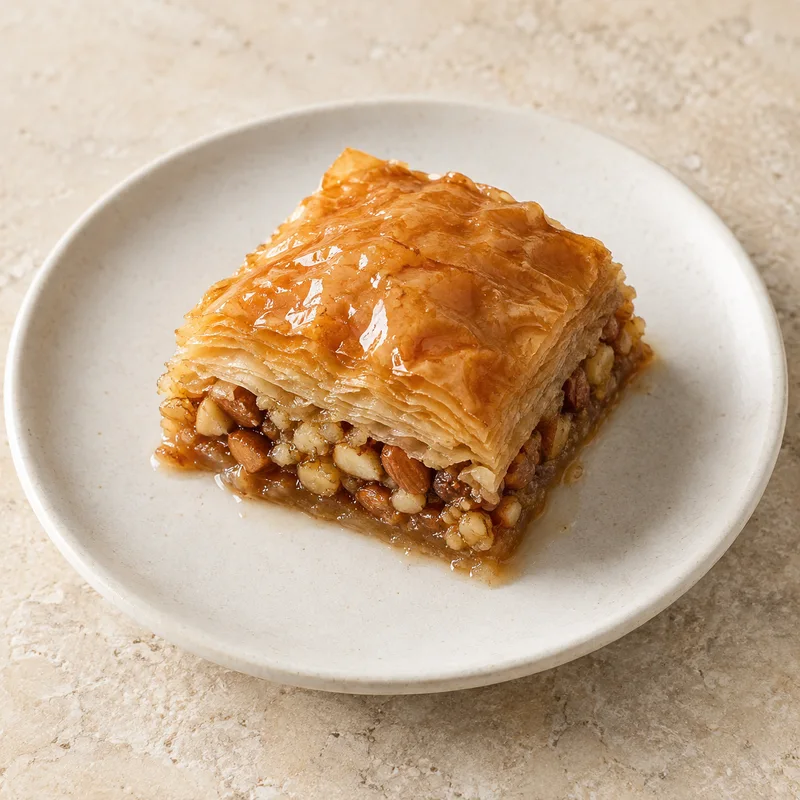 Illustration of baklava oriental pastry with almonds and syrup