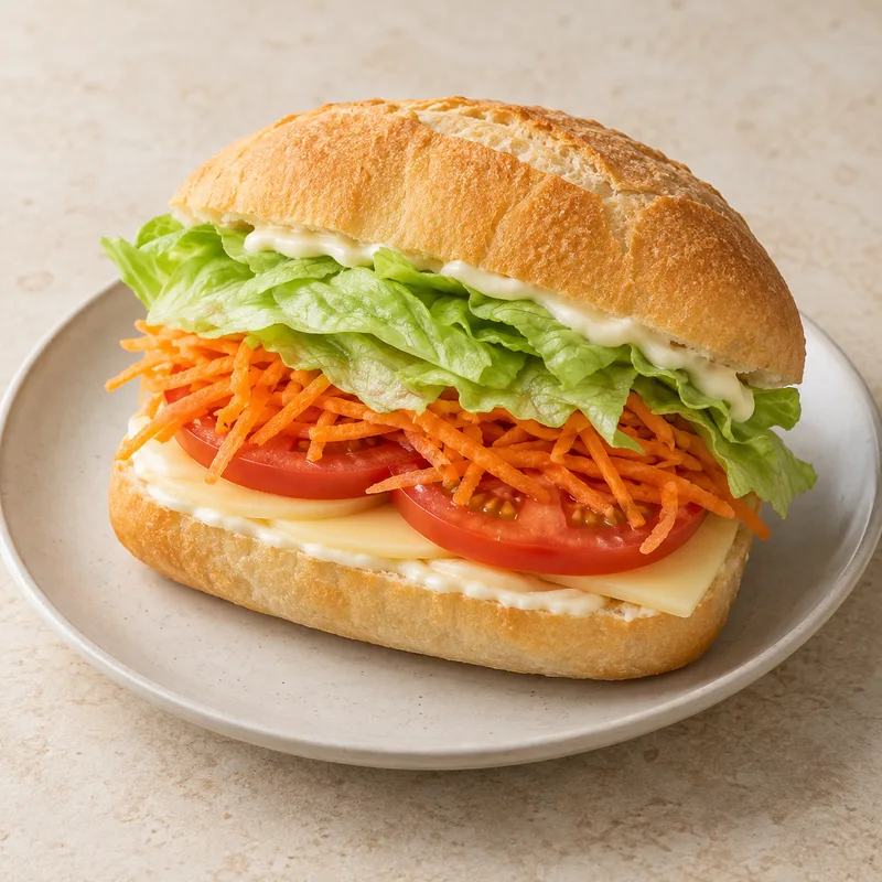 Illustration of sandwich with brazilian cheese iceberg crisphead lettuce raw carrot tomato with mayonnaise