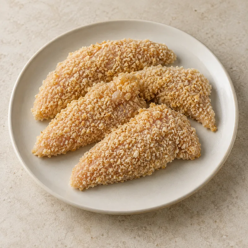 Illustration of chicken breast tenders breaded uncooked