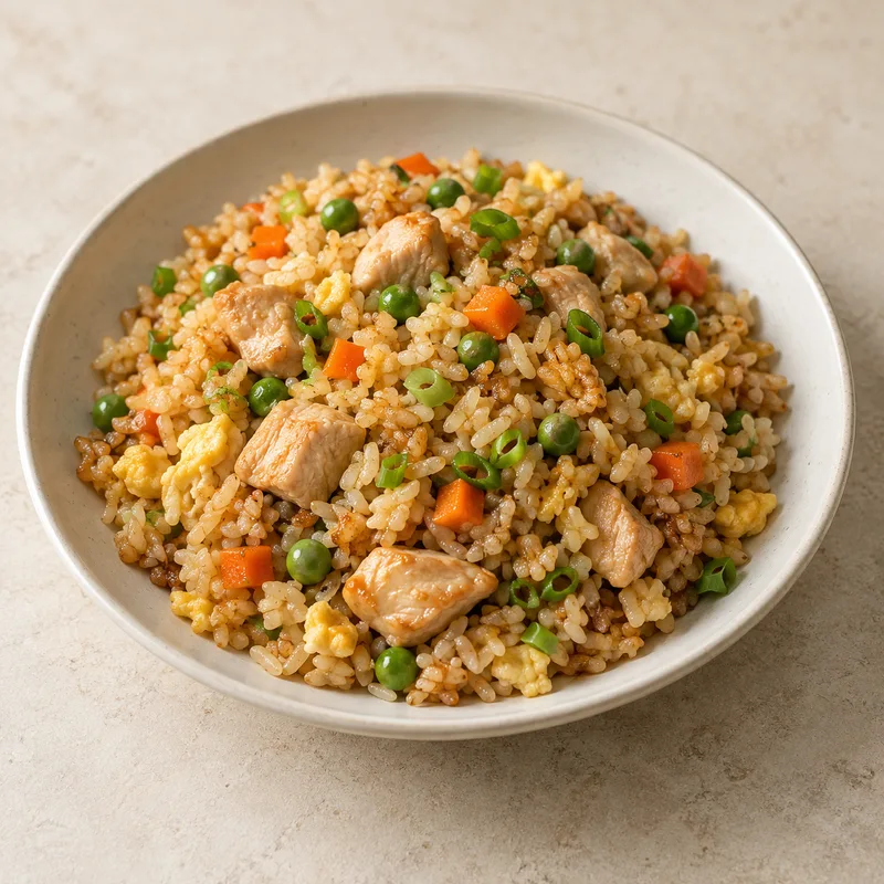 Illustration of frozen entree asian dish chicken fried rice heated