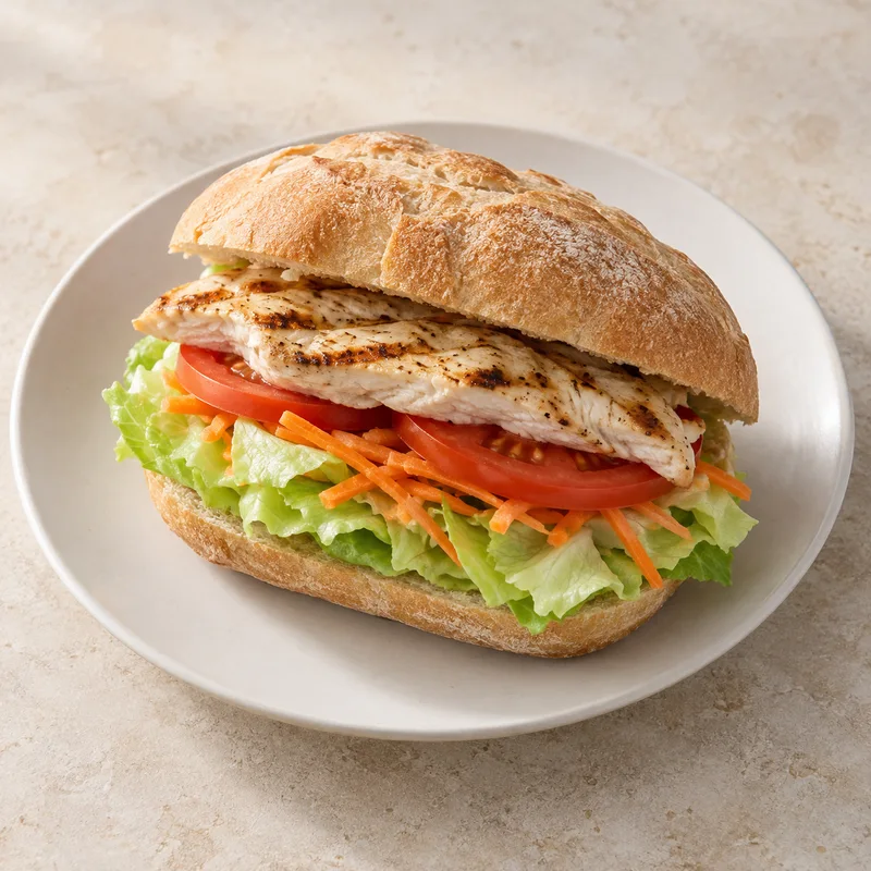 Illustration of sandwich with breast chicken grilled iceberg crisphead lettuce raw carrot and tomato