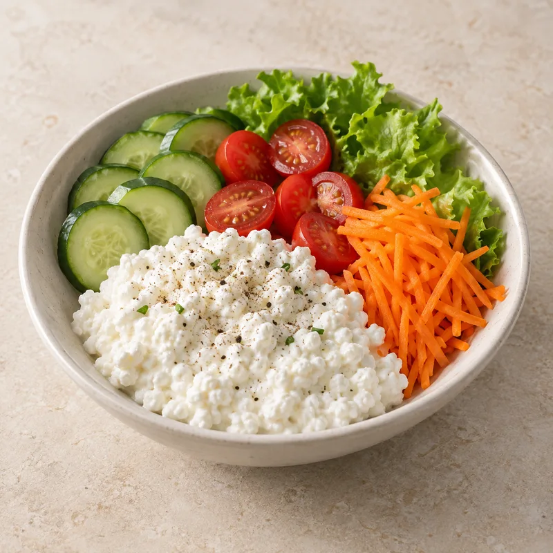 Illustration of cheese cottage with vegetables