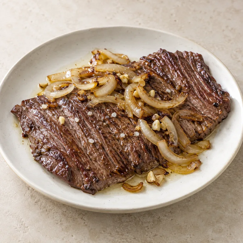 Illustration of meat beef flank steak without fat cooked with oil onion and garlic with salt
