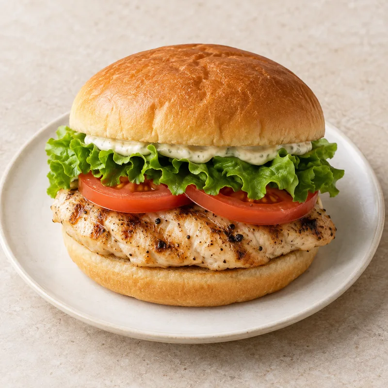 Illustration of fast foods grilled chicken filet sandwich with lettuce tomato and spread