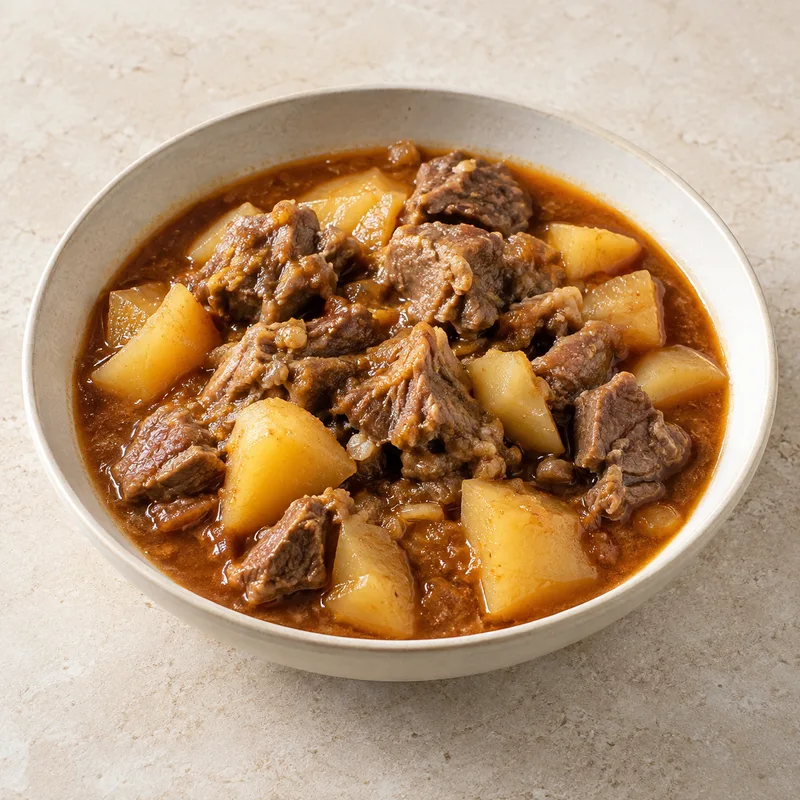Illustration of hot pot lamb beef with potatoes retail reheated
