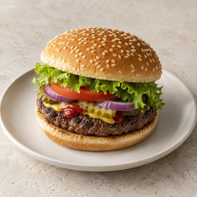 Illustration of fast foods hamburger large single patty with condiments