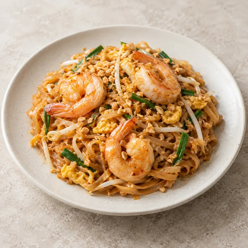 Illustration of pad thai rice noodles and shrimps industrially made