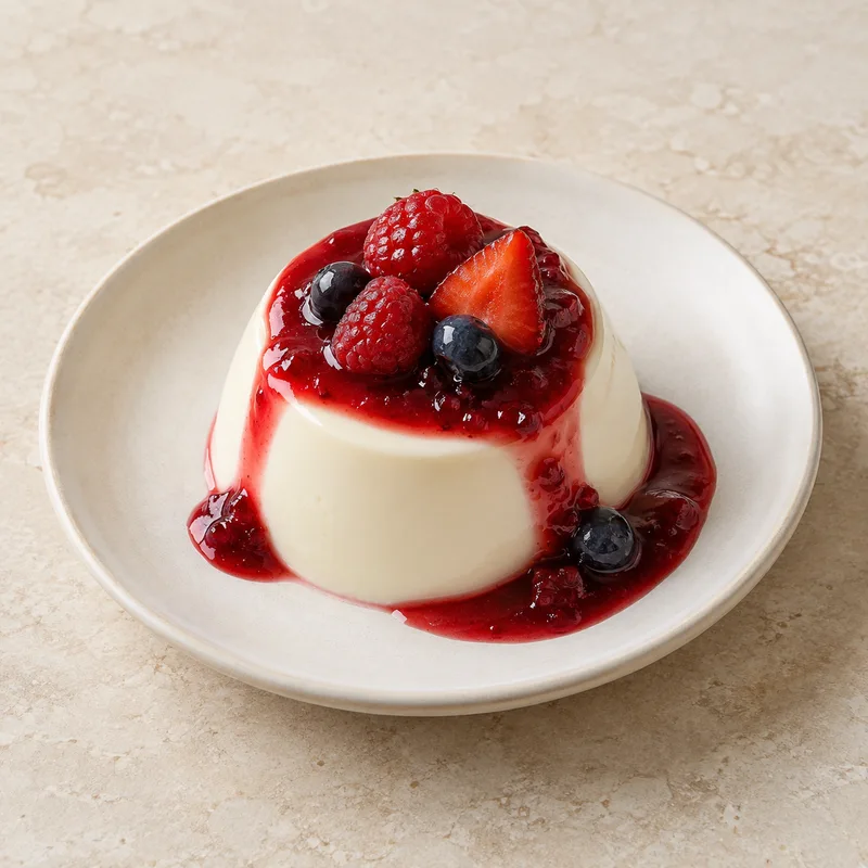 Illustration of panna cotta with fruit preparation or caramel refrigerated