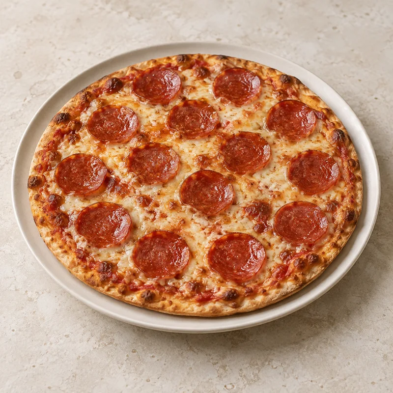 Illustration of fast food pizza chain 14 pizza pepperoni topping thin crust
