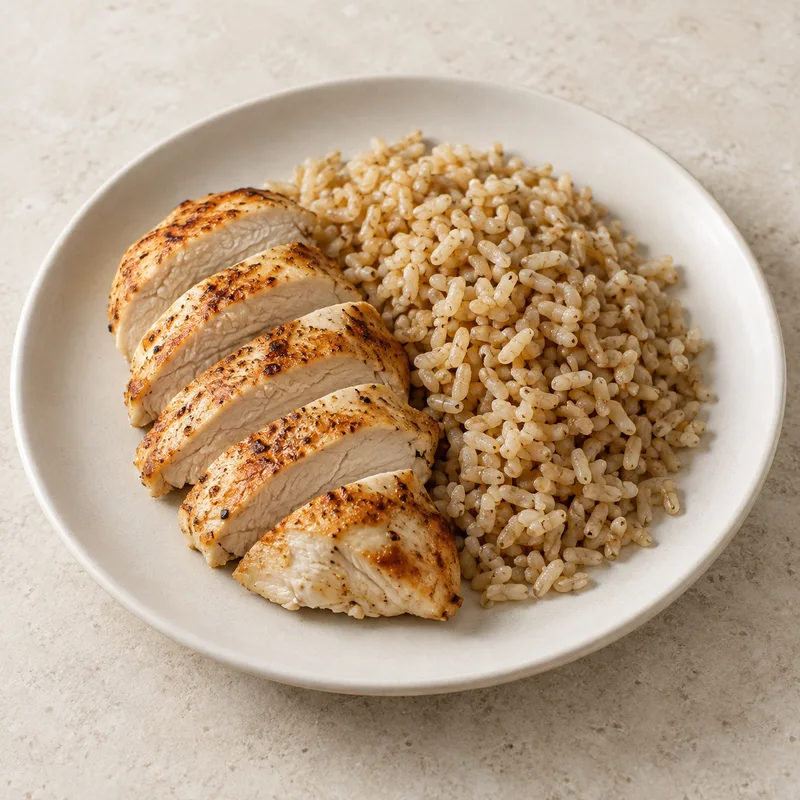 Illustration of rice with chicken with brown rice with salt