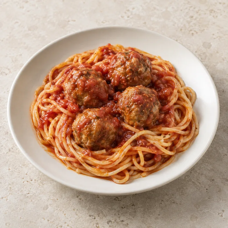 Illustration of spaghetti with meatballs in tomato sauce canned cnf